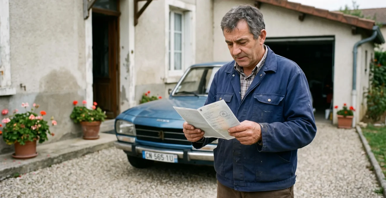 Propriétaire de véhicule consultant son certificat d'immatriculation debout devant sa voiture de collection.