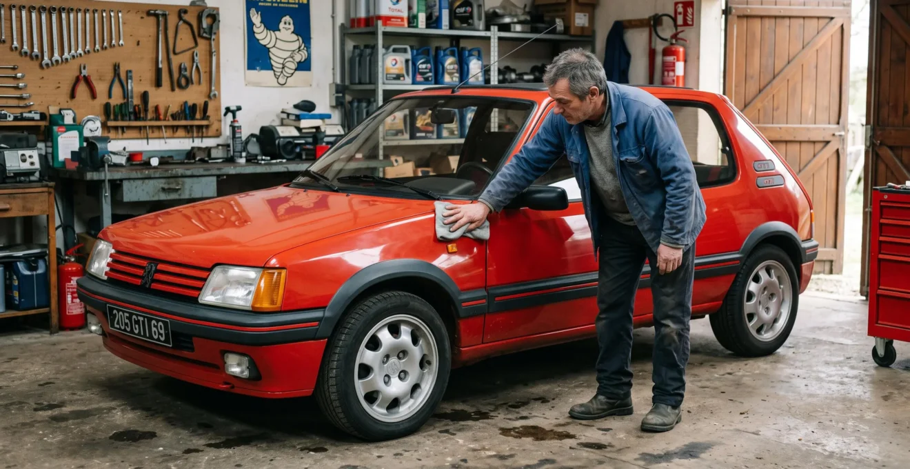 Propriétaire inspectant et entretenant une Peugeot 205 GTI des années 1980 préservée dans un garage privé en France.