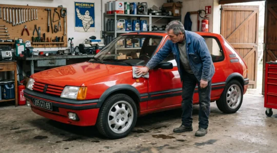Propriétaire inspectant et entretenant une Peugeot 205 GTI des années 1980 préservée dans un garage privé en France.