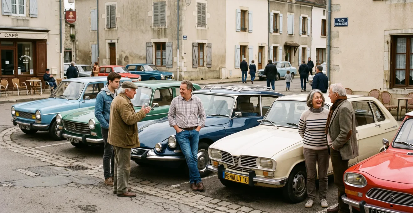 Voitures classiques françaises des années 1960-70 lors d'un rassemblement de véhicules anciens avec propriétaires en conversation.