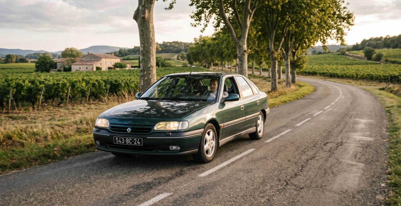 Voiture de collection française des années 1990 sur une route de campagne tranquille lors d'une sortie de loisir dans la campagne française.