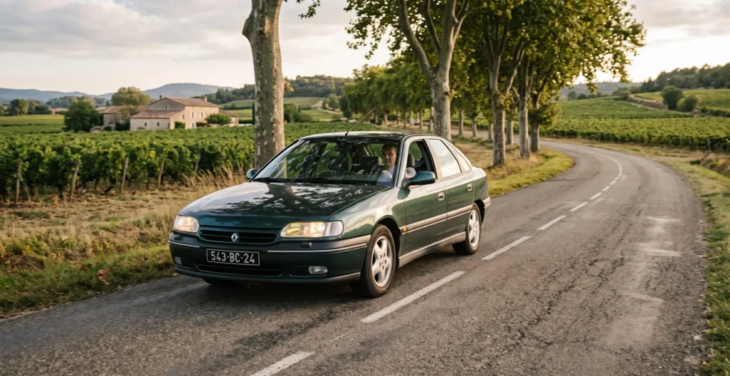 Voiture de collection française des années 1990 sur une route de campagne tranquille lors d'une sortie de loisir dans la campagne française. Voiture de collection française des années 1990 sur une route de campagne tranquille lors d'une sortie de loisir dans la campagne française.